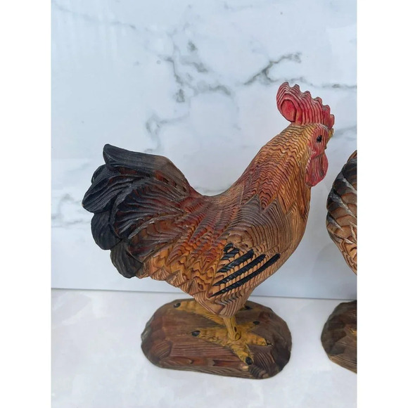 Decoration Antique Two Wooden Carved Rooster Brown Sz 10"x7" - Picture 8 of 11